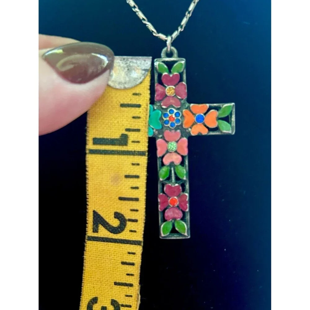 Ben-Amun Vintage Signed Floral Enamel Cross Pendant Necklace Silver Tone